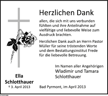 Traueranzeige von Ella Schlotthauer von Deister- und Weserzeitung