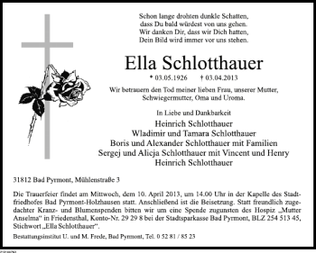 Traueranzeige von Ella Schlotthauer von Deister- und Weserzeitung
