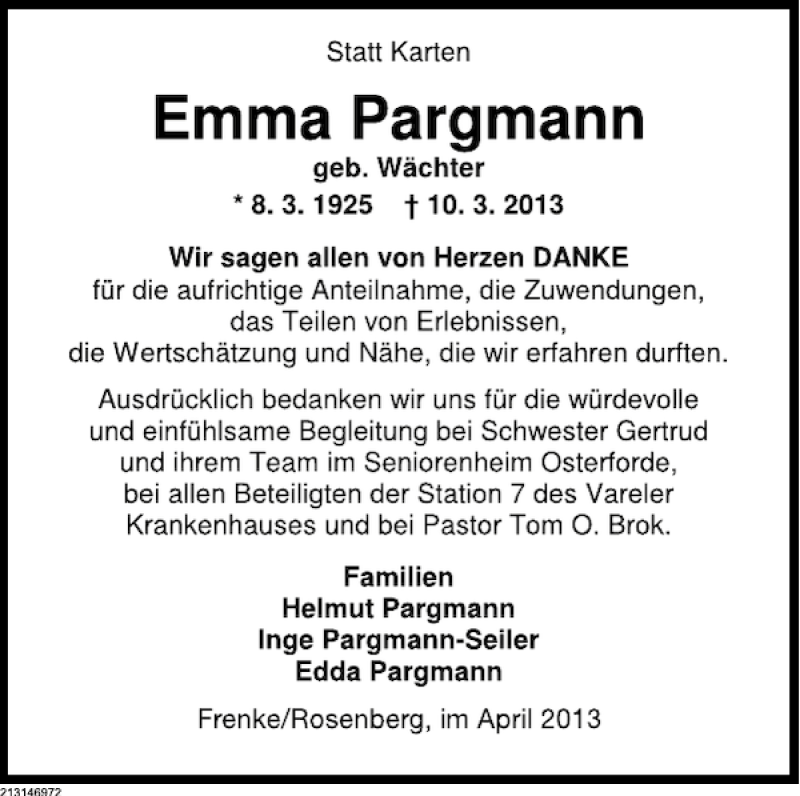  Traueranzeige für Emma Pargmann vom 13.04.2013 aus Deister- und Weserzeitung