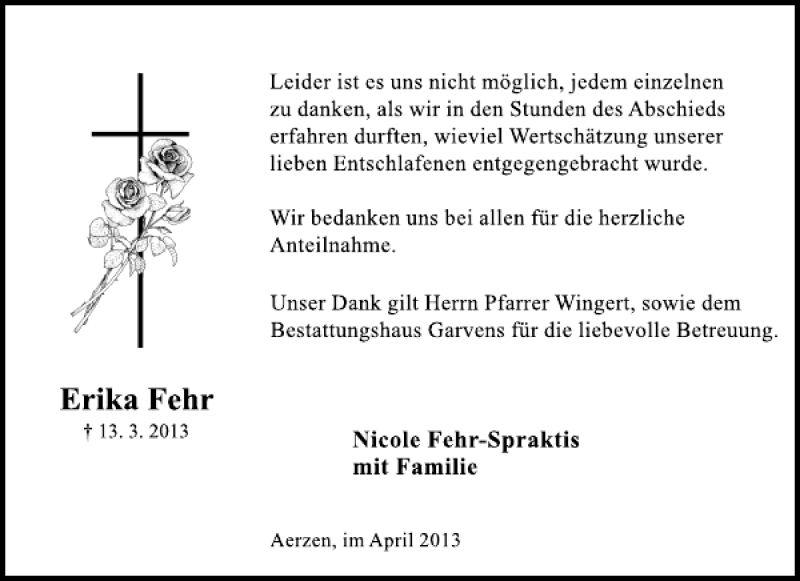  Traueranzeige für Erika Fehr vom 20.04.2013 aus Deister- und Weserzeitung