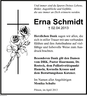 Traueranzeige von Erna Schmidt von Deister- und Weserzeitung