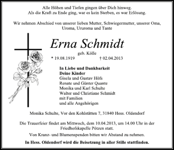 Traueranzeige von Erna Schmidt von Deister- und Weserzeitung