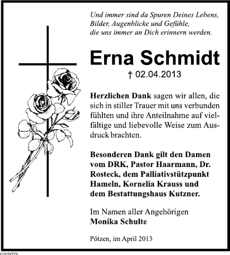  Traueranzeige für Erna Schmidt vom 27.04.2013 aus Deister- und Weserzeitung