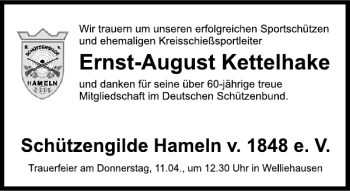 Traueranzeige von Ernst-August Kettelhake von Deister- und Weserzeitung