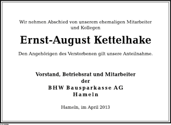 Traueranzeige von Ernst-August Kettelhake von Deister- und Weserzeitung