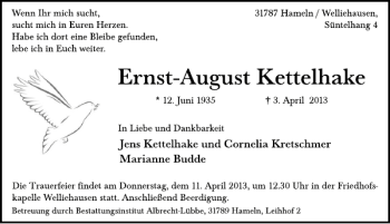 Traueranzeige von Ernst-Auguste Kettelhake von Deister- und Weserzeitung