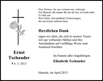 Traueranzeige von Ernst Tschauder von Deister- und Weserzeitung
