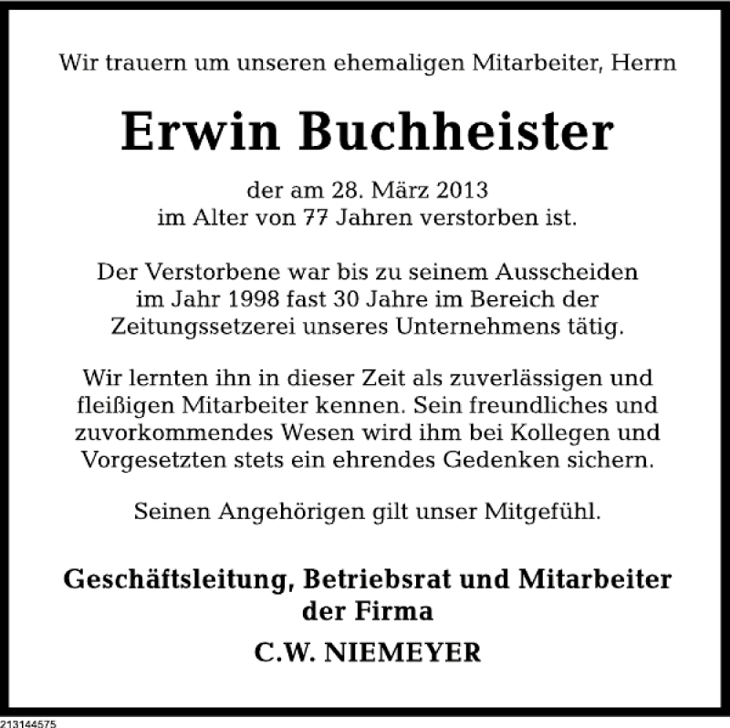  Traueranzeige für Erwin Buchheister vom 04.04.2013 aus Deister- und Weserzeitung