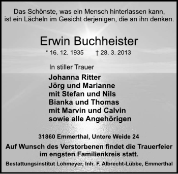 Traueranzeige von Erwin Buchheister von Deister- und Weserzeitung