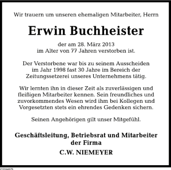 Traueranzeige von Erwin Buchheister von Deister- und Weserzeitung
