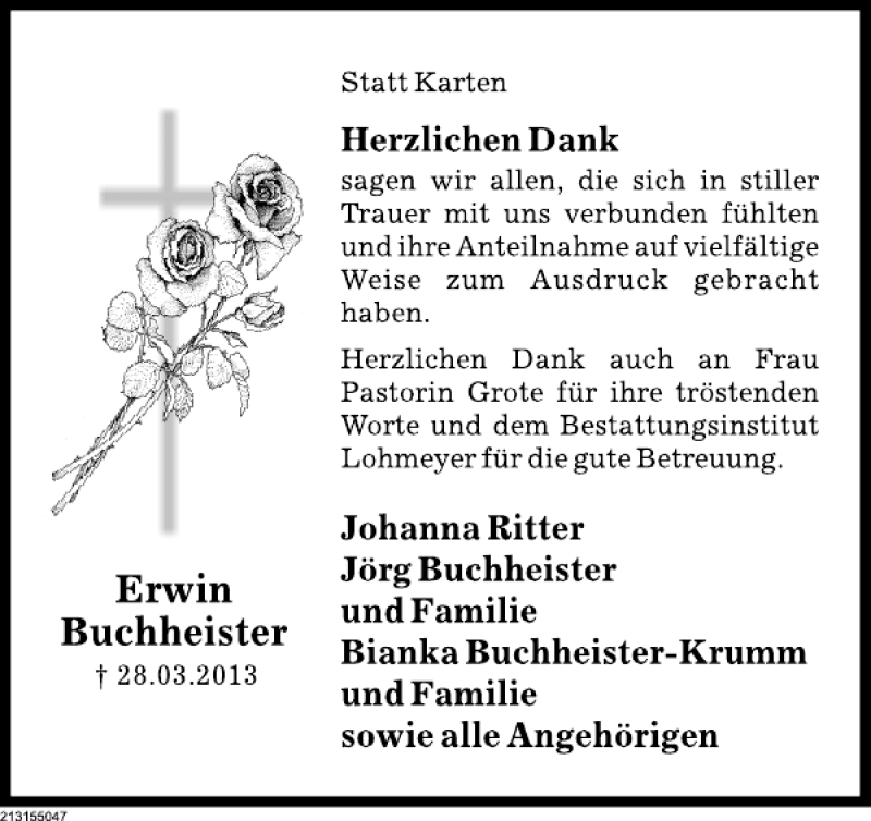  Traueranzeige für Erwin Buchheister Mitarbeiter vom 27.04.2013 aus Deister- und Weserzeitung