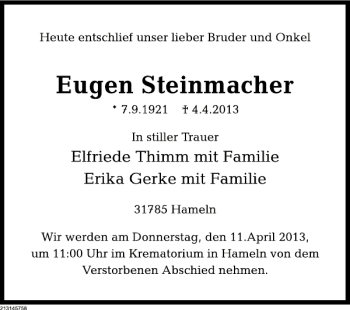 Traueranzeige von Eugen Steinmacher von Deister- und Weserzeitung