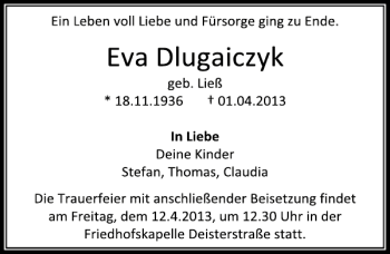 Traueranzeige von Eva Dlugaiczyk von Deister- und Weserzeitung