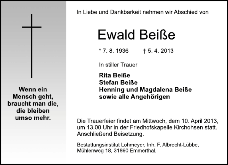  Traueranzeige für Ewald Beiße vom 09.04.2013 aus Deister- und Weserzeitung