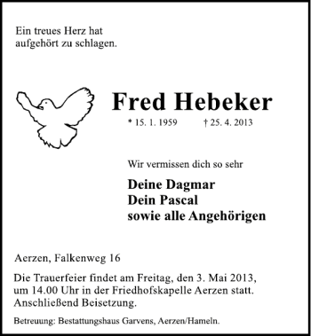 Traueranzeige von Fred Hebeker von Deister- und Weserzeitung