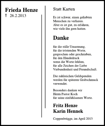 Traueranzeige von Frieda Henze von Deister- und Weserzeitung