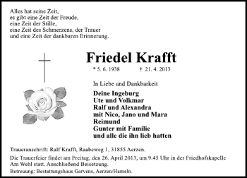 Traueranzeige von Friedel Krafft von Deister- und Weserzeitung