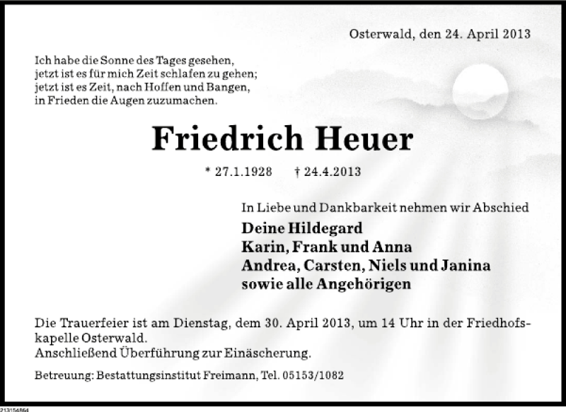  Traueranzeige für Friedrich Heuer vom 26.04.2013 aus Deister- und Weserzeitung