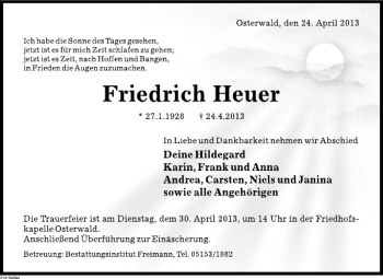 Traueranzeige von Friedrich Heuer von Deister- und Weserzeitung