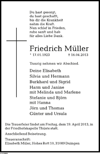 Traueranzeige von Friedrich Müller von Deister- und Weserzeitung