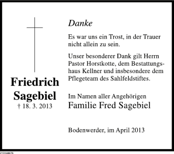 Traueranzeige von Friedrich Sagebiel von Deister- und Weserzeitung