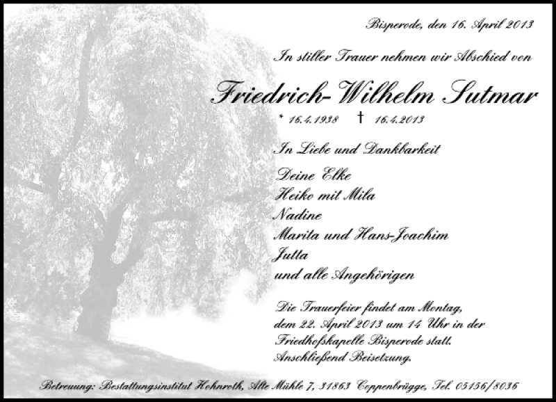  Traueranzeige für Friedrich-Wilhelm Sutmar vom 18.04.2013 aus Deister- und Weserzeitung