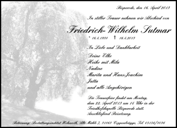 Traueranzeige von Friedrich-Wilhelm Sutmar von Deister- und Weserzeitung