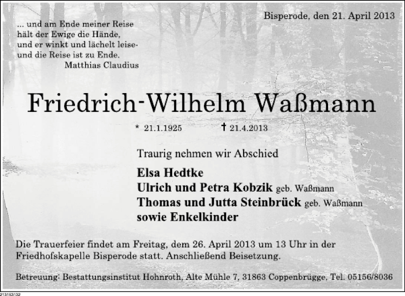  Traueranzeige für Friedrich-Wilhelm Waßmann vom 23.04.2013 aus Deister- und Weserzeitung
