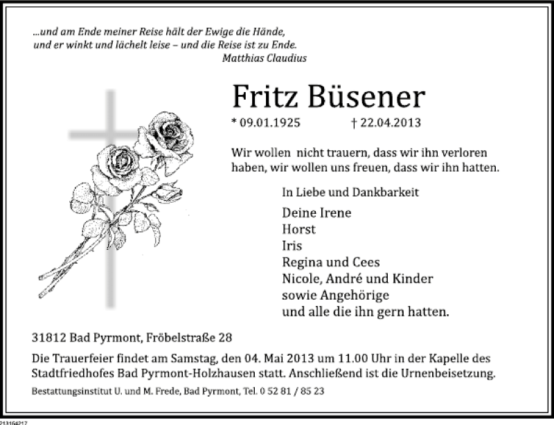  Traueranzeige für Fritz Büsener vom 27.04.2013 aus Deister- und Weserzeitung