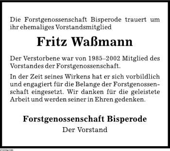 Traueranzeige von Fritz Waßmann von Deister- und Weserzeitung