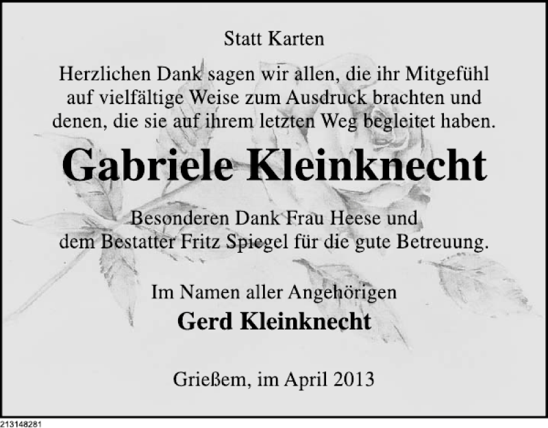  Traueranzeige für Gabriele Kleinknecht vom 13.04.2013 aus Deister- und Weserzeitung