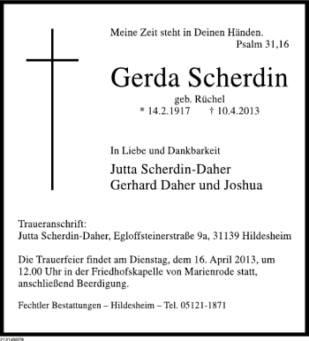 Traueranzeige von Gerda Scherdin von Deister- und Weserzeitung