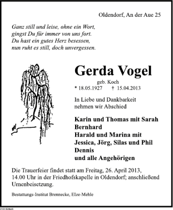 Traueranzeige von Gerda Vogel von Deister- und Weserzeitung