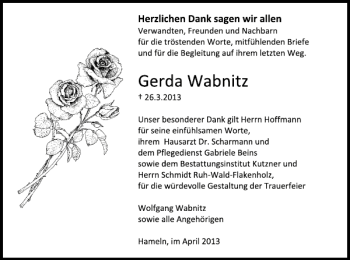Traueranzeige von Gerda Wabnitz von Deister- und Weserzeitung
