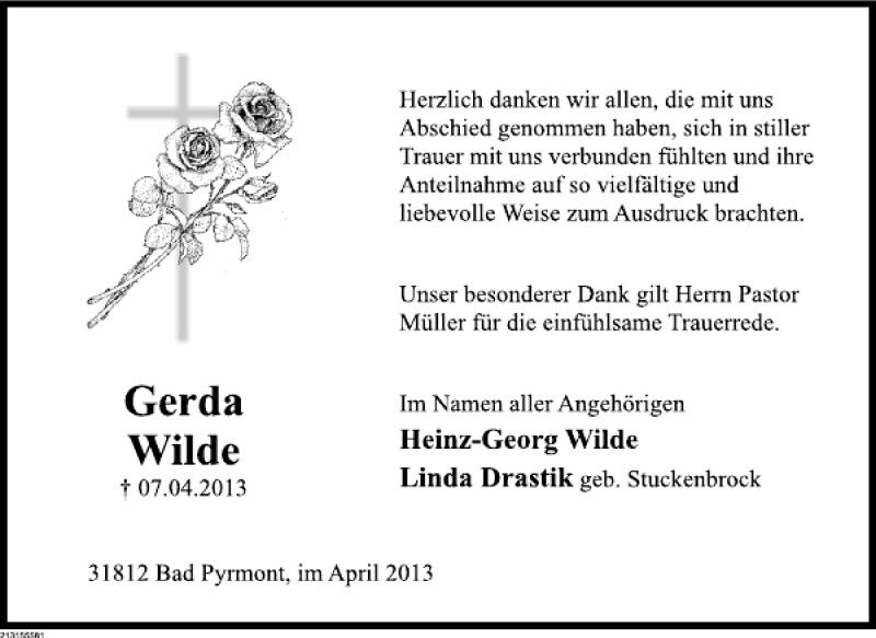  Traueranzeige für Gerda Wilde vom 27.04.2013 aus Deister- und Weserzeitung