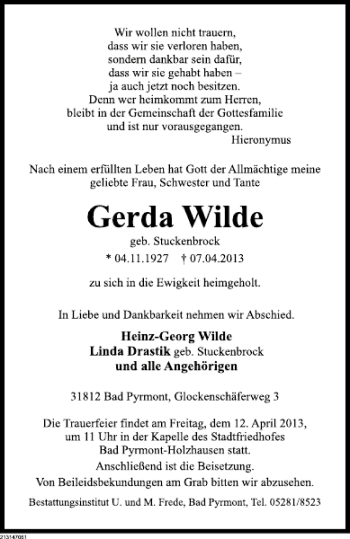Traueranzeige von Gerda Wilde von Deister- und Weserzeitung
