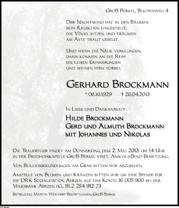 Traueranzeige von Gerhard Brockmann von Deister- und Weserzeitung