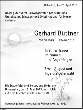 Traueranzeige von Gerhard Büttner von Deister- und Weserzeitung
