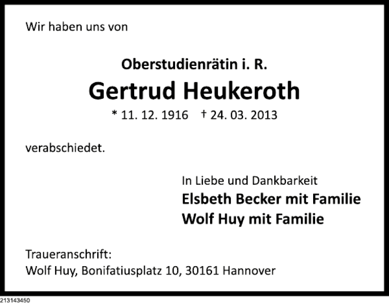  Traueranzeige für Gertrud Heukeroth vom 06.04.2013 aus Deister- und Weserzeitung