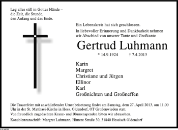Traueranzeige von Gertrud Luhmann von Deister- und Weserzeitung