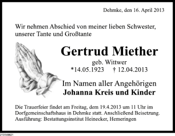 Traueranzeige von Gertrud Miether von Deister- und Weserzeitung