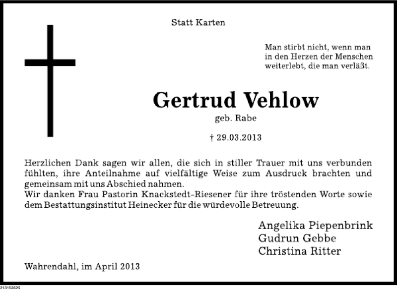 Traueranzeige für Gertrud Vehlow vom 27.04.2013 aus Deister- und Weserzeitung