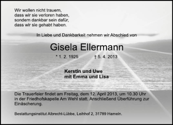 Traueranzeige von Gisela Ellermann von Deister- und Weserzeitung