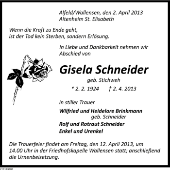 Traueranzeige von Gisela Schneider von Deister- und Weserzeitung