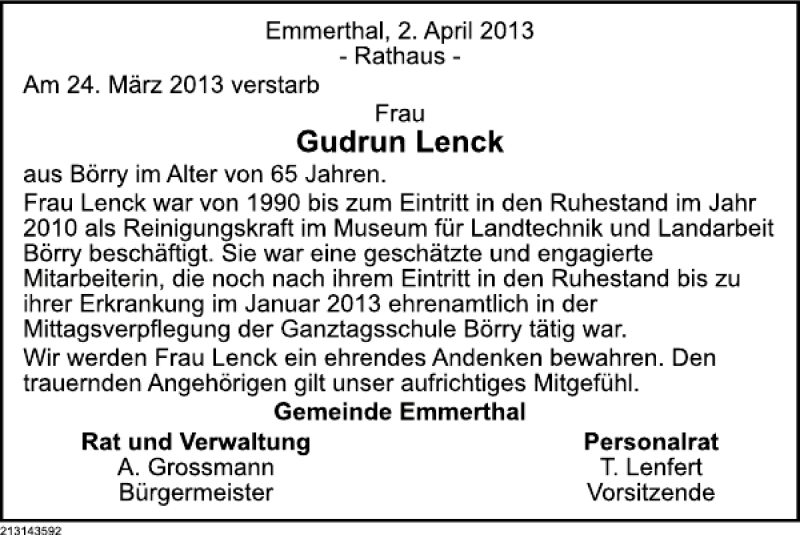  Traueranzeige für Gudrun Lenck vom 04.04.2013 aus Deister- und Weserzeitung