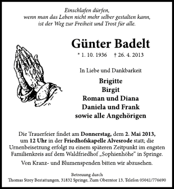 Traueranzeige von Günter Badelt von Neue Deister-Zeitung