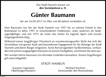 Traueranzeige von Günter Baumann von Deister- und Weserzeitung