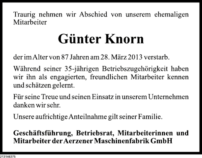  Traueranzeige für Günter Knorn vom 09.04.2013 aus Deister- und Weserzeitung