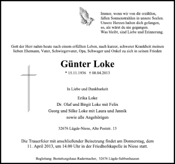Traueranzeige von Günter Loke von Deister- und Weserzeitung