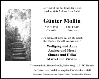 Traueranzeige von Günter Mollin von Deister- und Weserzeitung